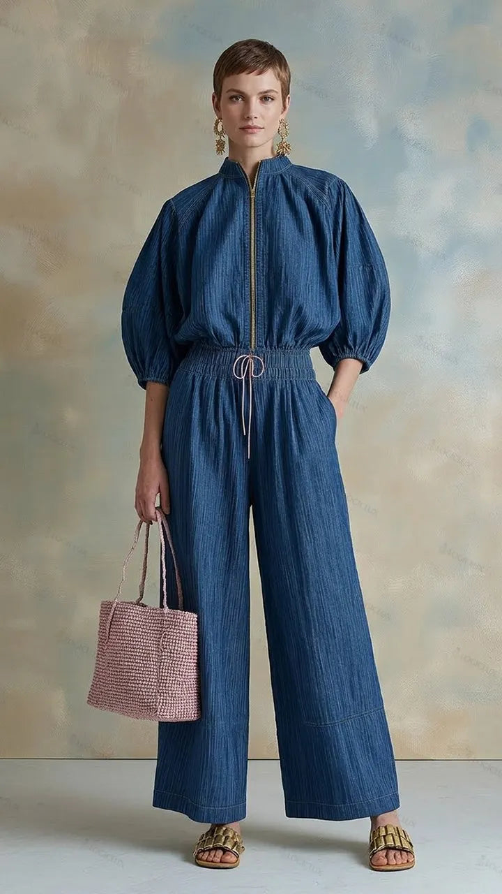 Women's Stand-up Collar Zipper Denim Jumpsuit