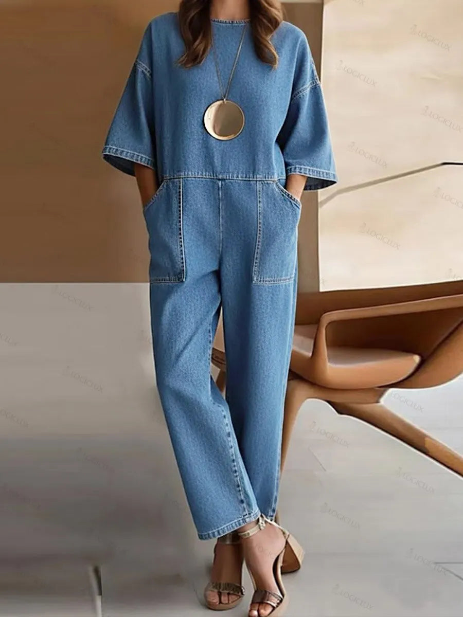 Women's Round Neck 3/4 Sleeve Casual Loose Denim Wide-leg Jumpsuit
