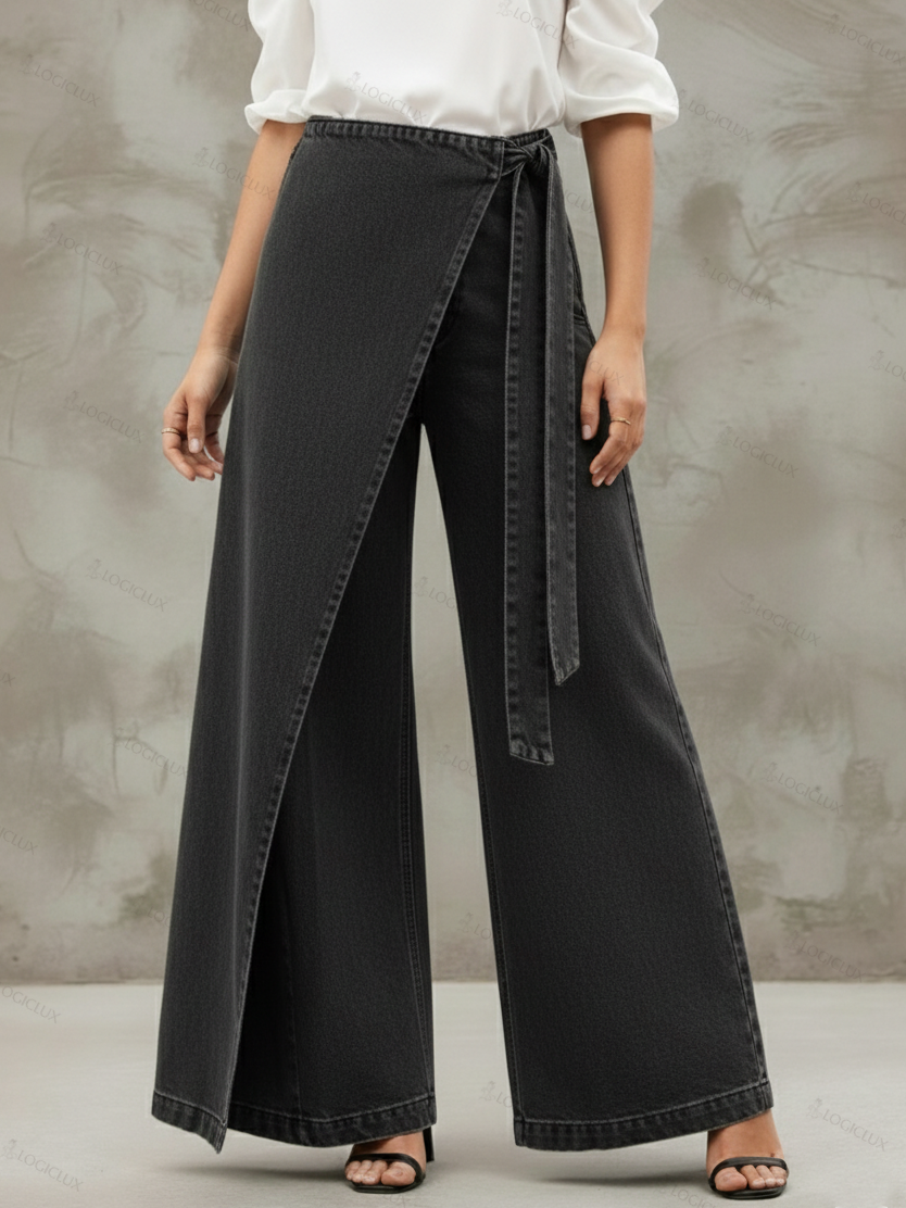 Stylish Elegant Wrap-around Faux Two-piece Denim Pants