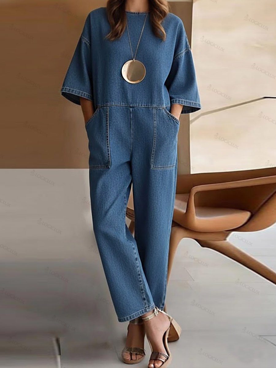 Women's Round Neck 3/4 Sleeve Casual Loose Denim Wide-leg Jumpsuit