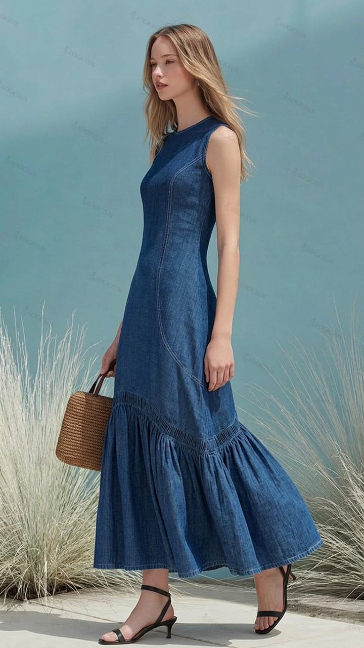 Women's Sleeveless Denim Ruffle Hem Long Dress