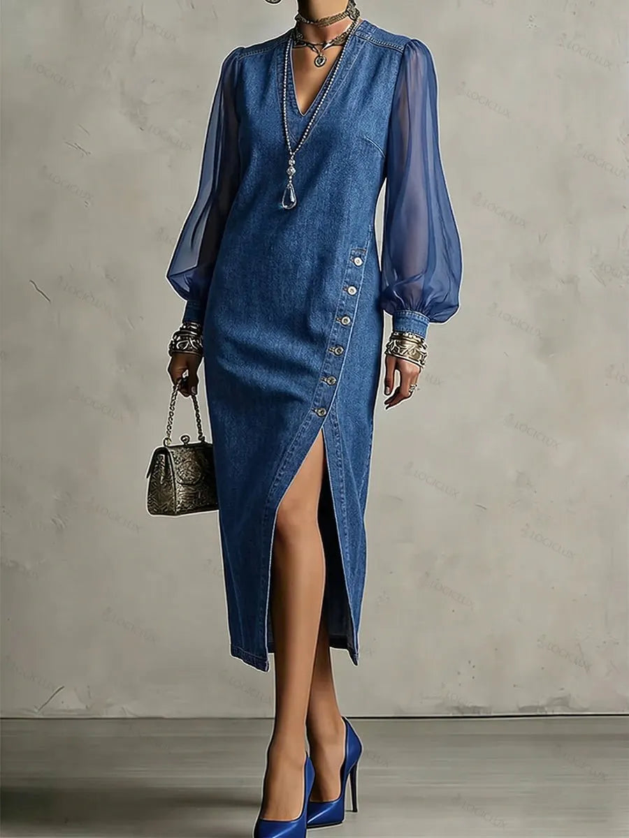 Stylish V-neck Side Slits Mesh Paneling Denim Dress