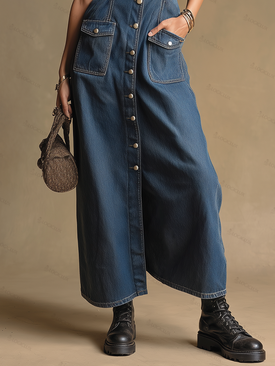 Vintage-style V-neck Single-breasted Sleeveless Denim Midi Dress