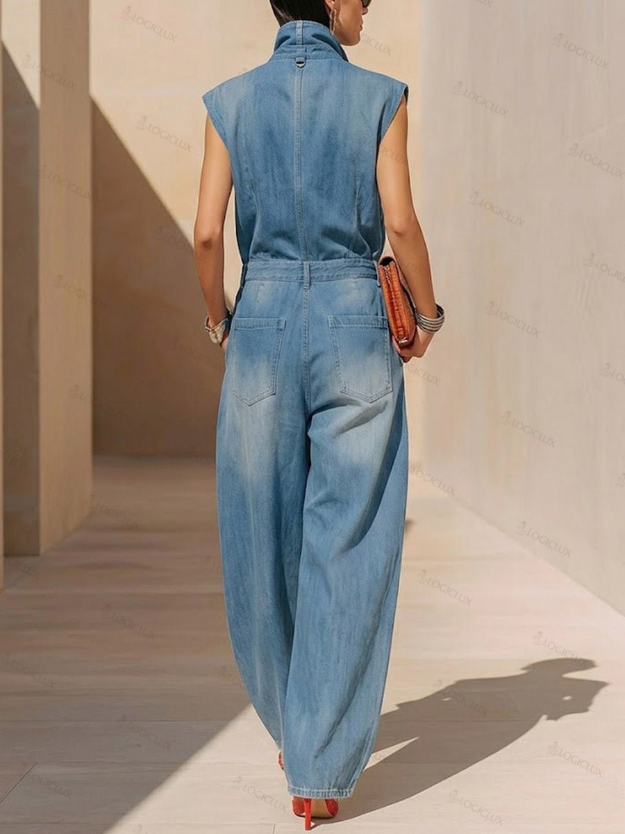 Women's Stand-up Collar Sleeveless Casual Loose Denim Jumpsuit
