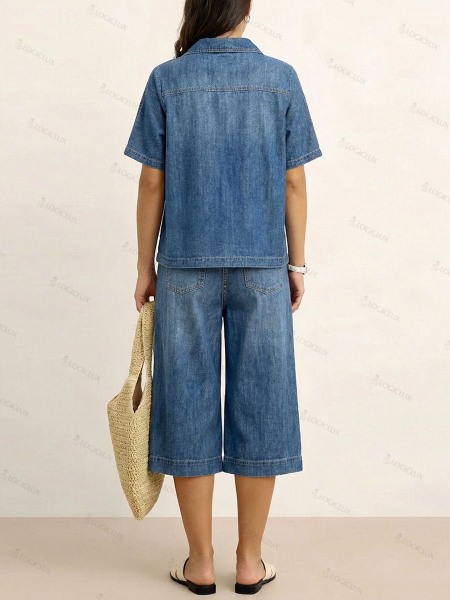 Women's V-neck Short-sleeved Casual Loose Denim Top And High-waisted Wide-leg Jeans Set