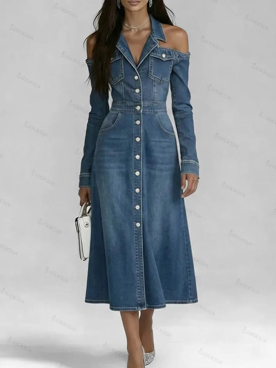 Stylish Off-shoulder Button-down Denim Dress