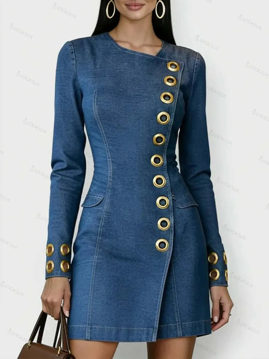 Women's Round Neck Long Sleeve Casual Slim Fit Denim Dress