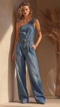Women's One-shoulder Denim Wide-leg Overall Jumpsuit