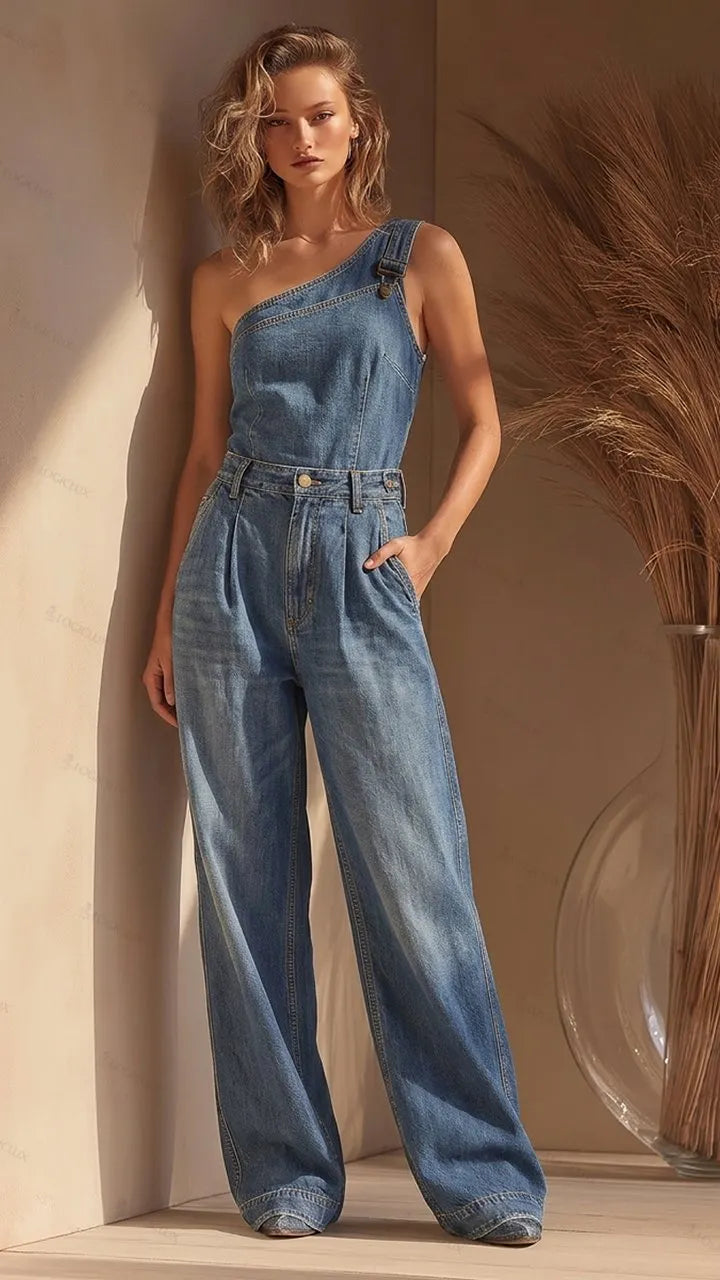 Women's One-shoulder Denim Wide-leg Overall Jumpsuit