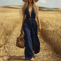 Personalized V-neck Sleeveless Waist Drawstring Dark Blue Denim Jumpsuit