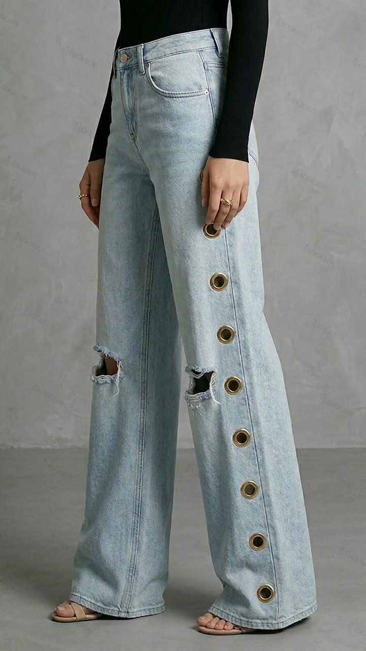 Womens High Waist Wide Leg Side Metal Buckle Ripped Jeans