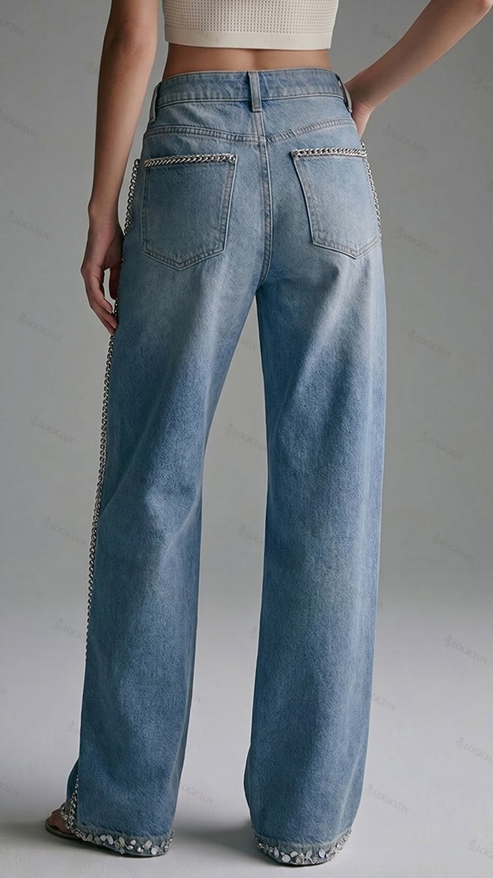 Womens High Waist Wide Leg Chain Decorated Jeans