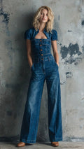 Women's Short-sleeved Deep-neck Cinched-waist Denim Wide-leg Jumpsuit