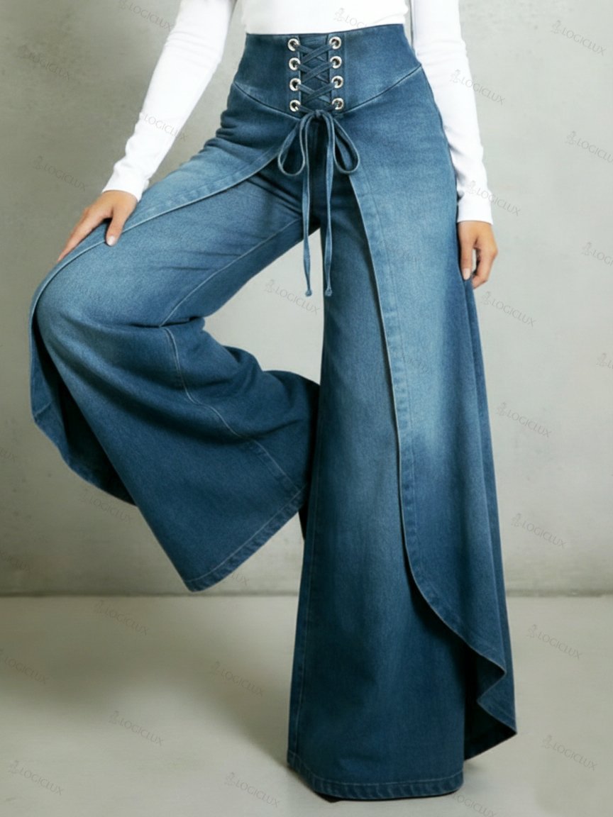 Retro High-waisted Ruffled Hem Tie-waist Loose-fitting Denim Jeans
