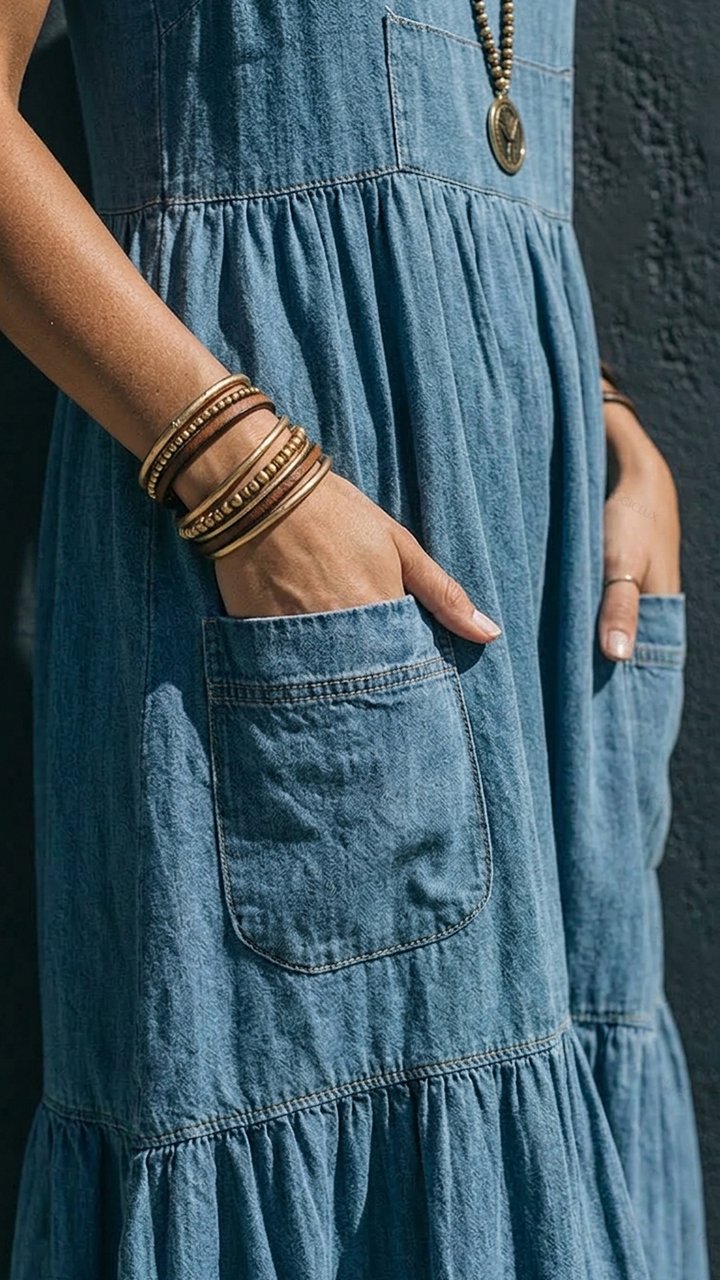 Women's spaghetti-strap Tiered Denim Maxi Dress with Pockets