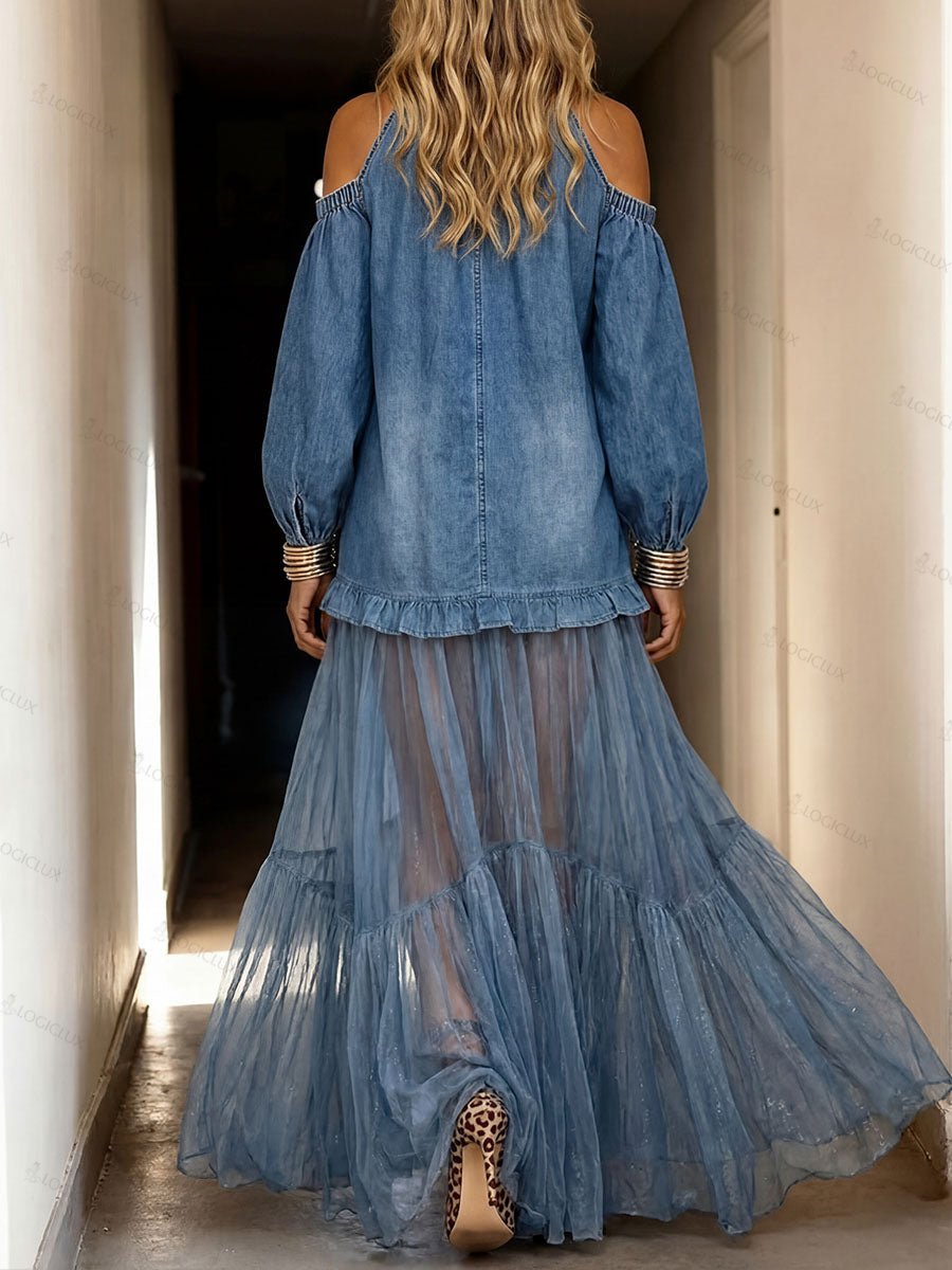 Women's Casual Loose-fit Dress: Stand Collar Long Sleeve Denim And Chiffon Patchwork