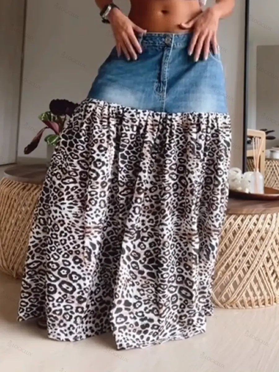 Women's Casual Denim And Leopard Print Patchwork A-line Skirt