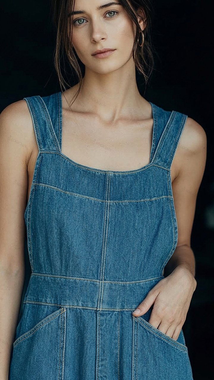 Women's Square-neck Sleeveless Denim Wide-leg Overall Jumpsuit