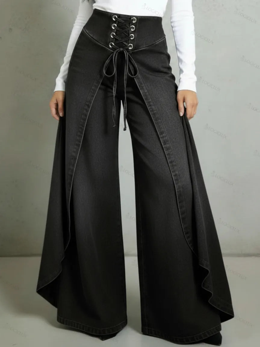 Retro High-waisted Ruffled Hem Tie-waist Loose-fitting Denim Jeans