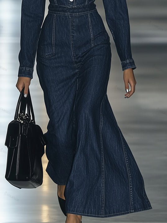 [24-hour shipping out]Casual Slim Fit Vintage Lace-up Long Sleeve Denim Maxi Dress