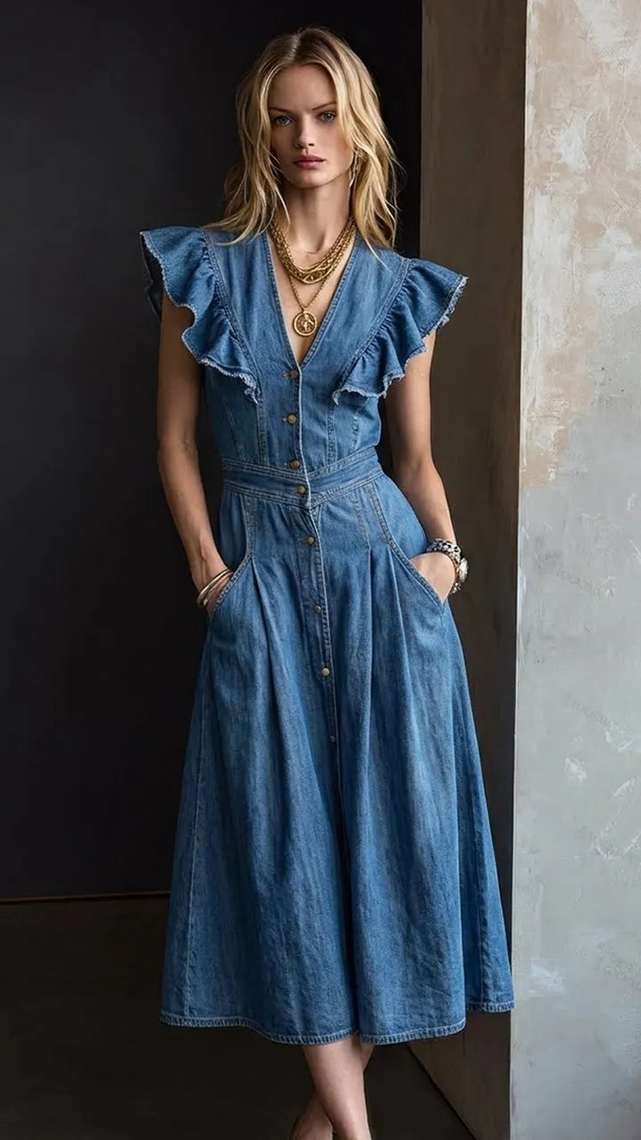 Women's V-neck Ruffle Sleeve Single-breasted Denim Midi Dress with Pockets