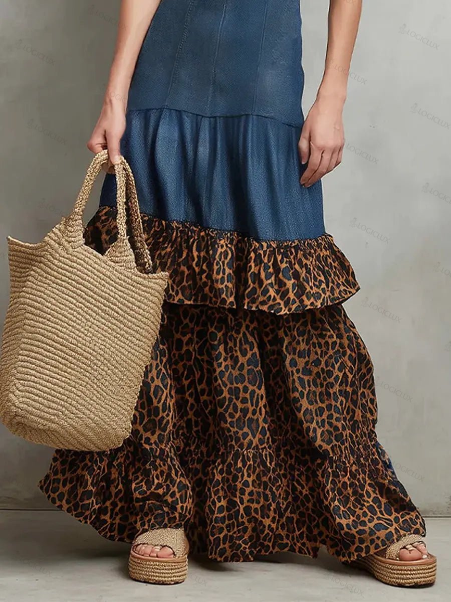 Women's Retro Leopard Art Casual Stylish Denim Patchwork Maxi Dress