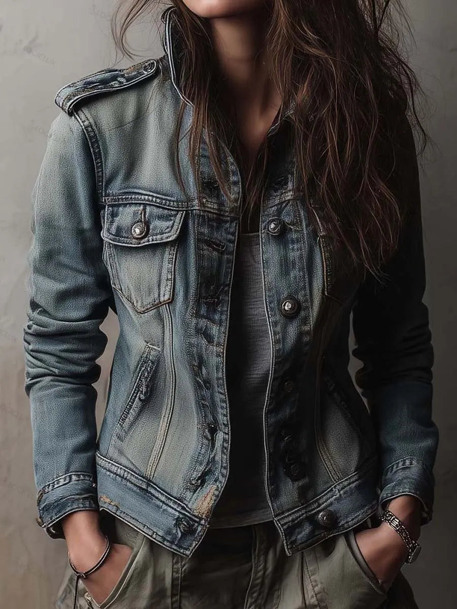 Washed And Faded Utility Denim Jacket With Epaulettes