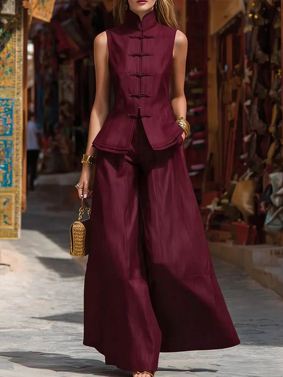 Stylish Chinese-style Stand-up Collar Knotted Button Sleeveless Top And Wide-leg Pants Set
