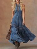 Elegant, Vintage Western Tie-neck Sleeveless Bubble Hem Blue Denim Maxi Dress