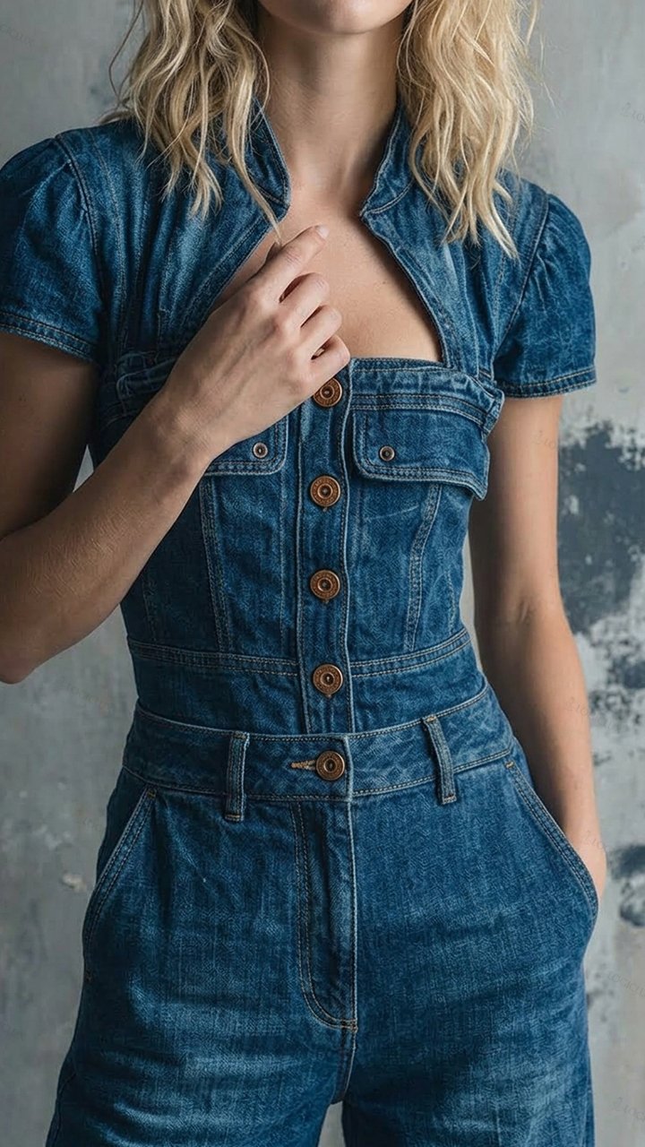 Women's Short-sleeved Deep-neck Cinched-waist Denim Wide-leg Jumpsuit