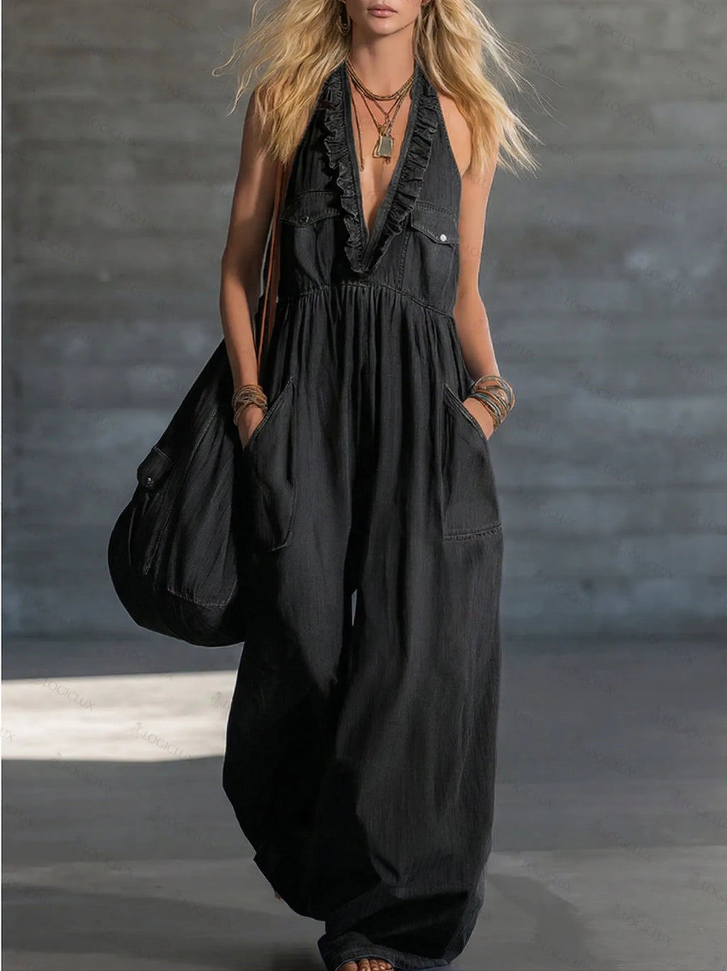 Retro-style Ruffled Collar Casual Denim Jumpsuit