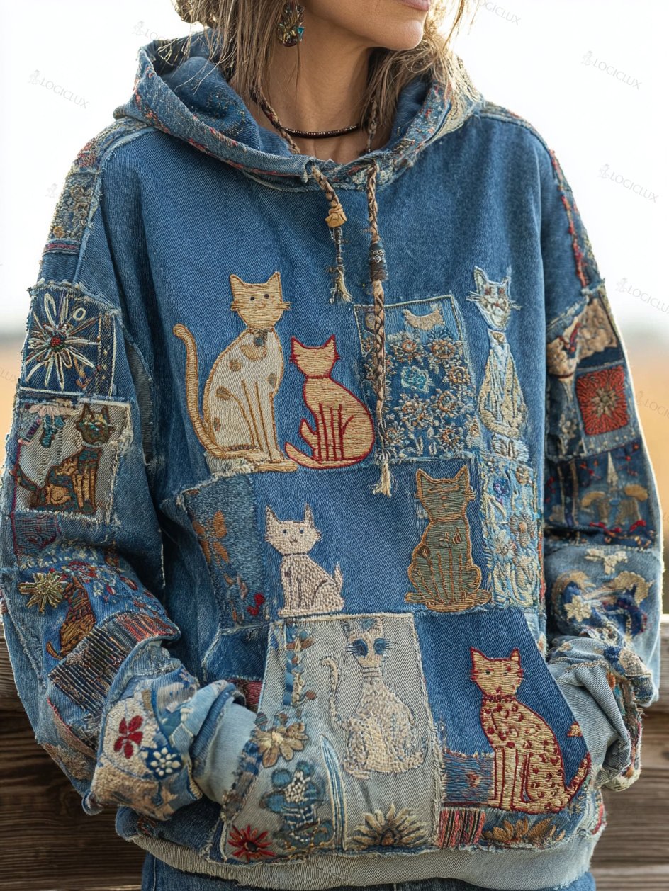 Women's Denim Patchwork Cute Cat Bohemian Floral Print Hoodie