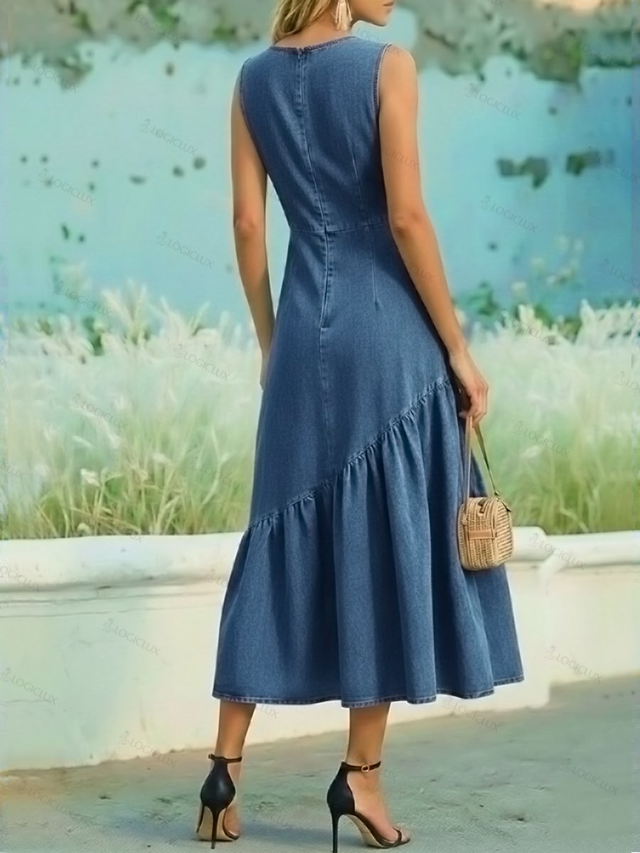 Women's Sleeveless Cotton Denim Dress With Ruffled Hem