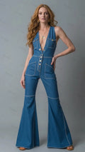 Womens Sleeveless Deep V-neck Multi-pocket Single-breasted Flared Denim Jumpsuit