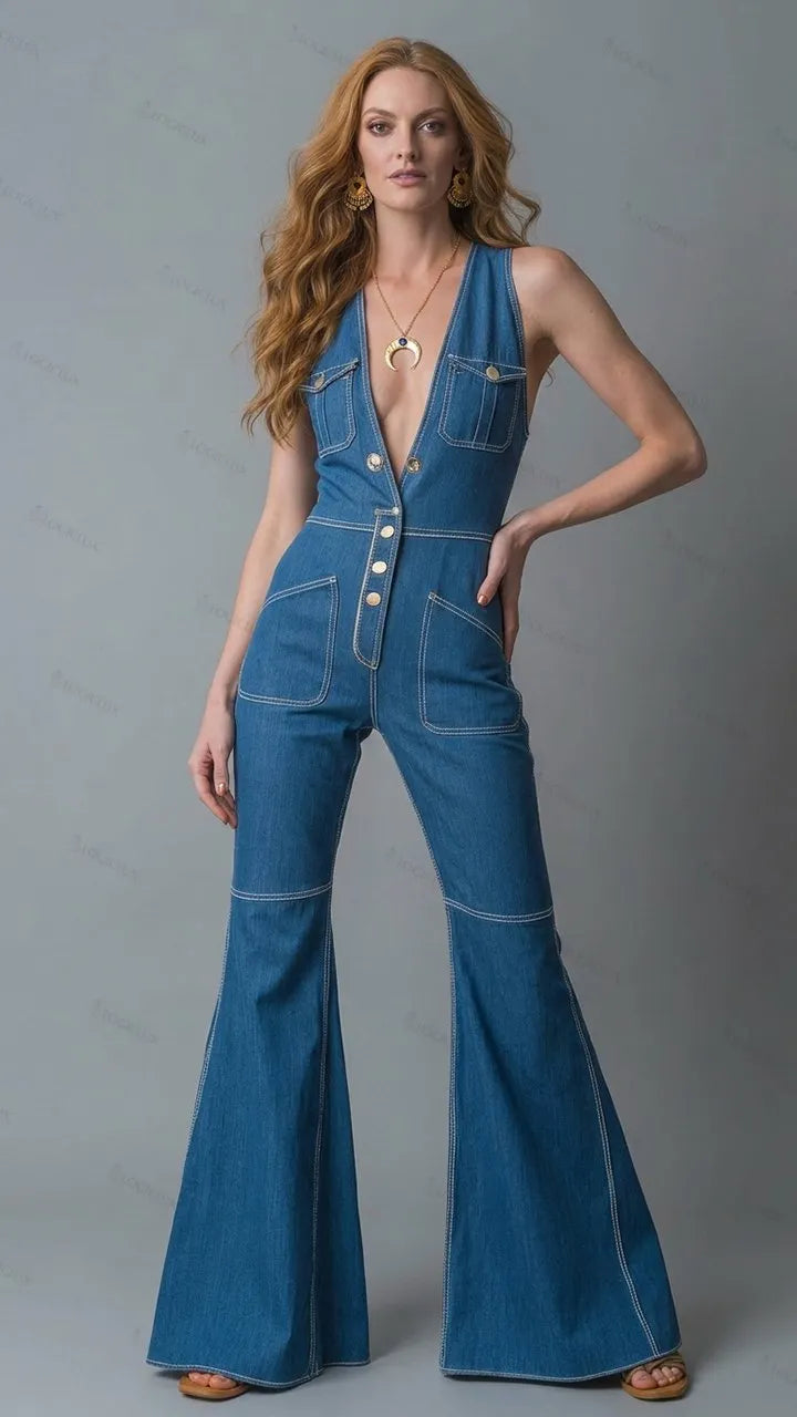 Womens Sleeveless Deep V-neck Multi-pocket Single-breasted Flared Denim Jumpsuit