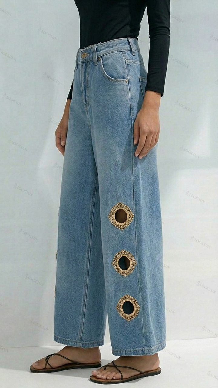Womens High Waist Wide Leg Side Cut-out Decorated Jeans