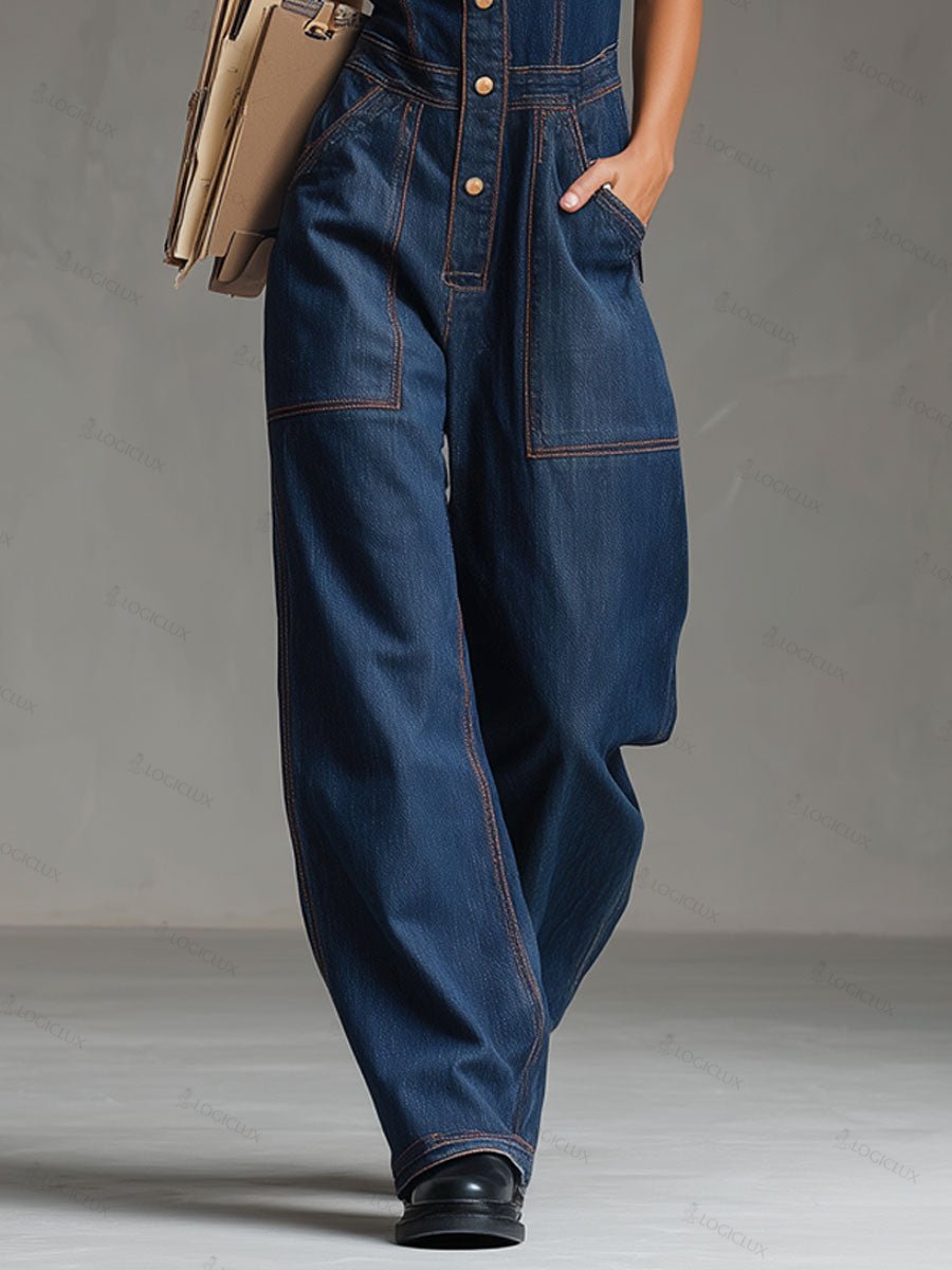 Casual Retro Multi-pocket Topstitching Dark Blue Denim Sleeveless Balloon Jumpsuit