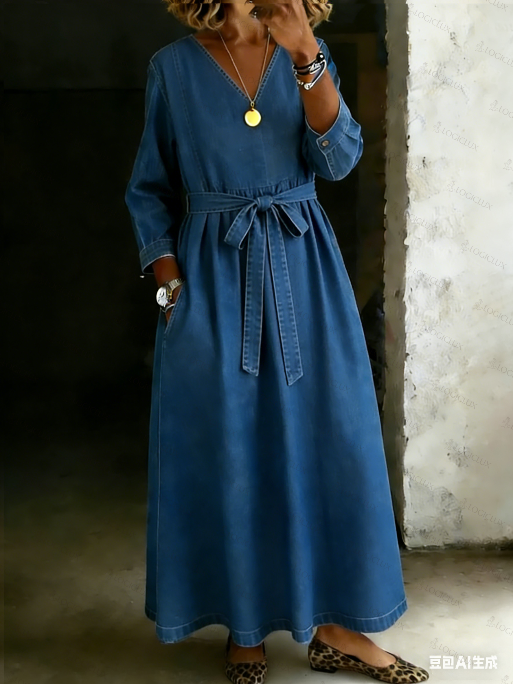 Women's V-neck Long-sleeved Casual Loose Denim Dress
