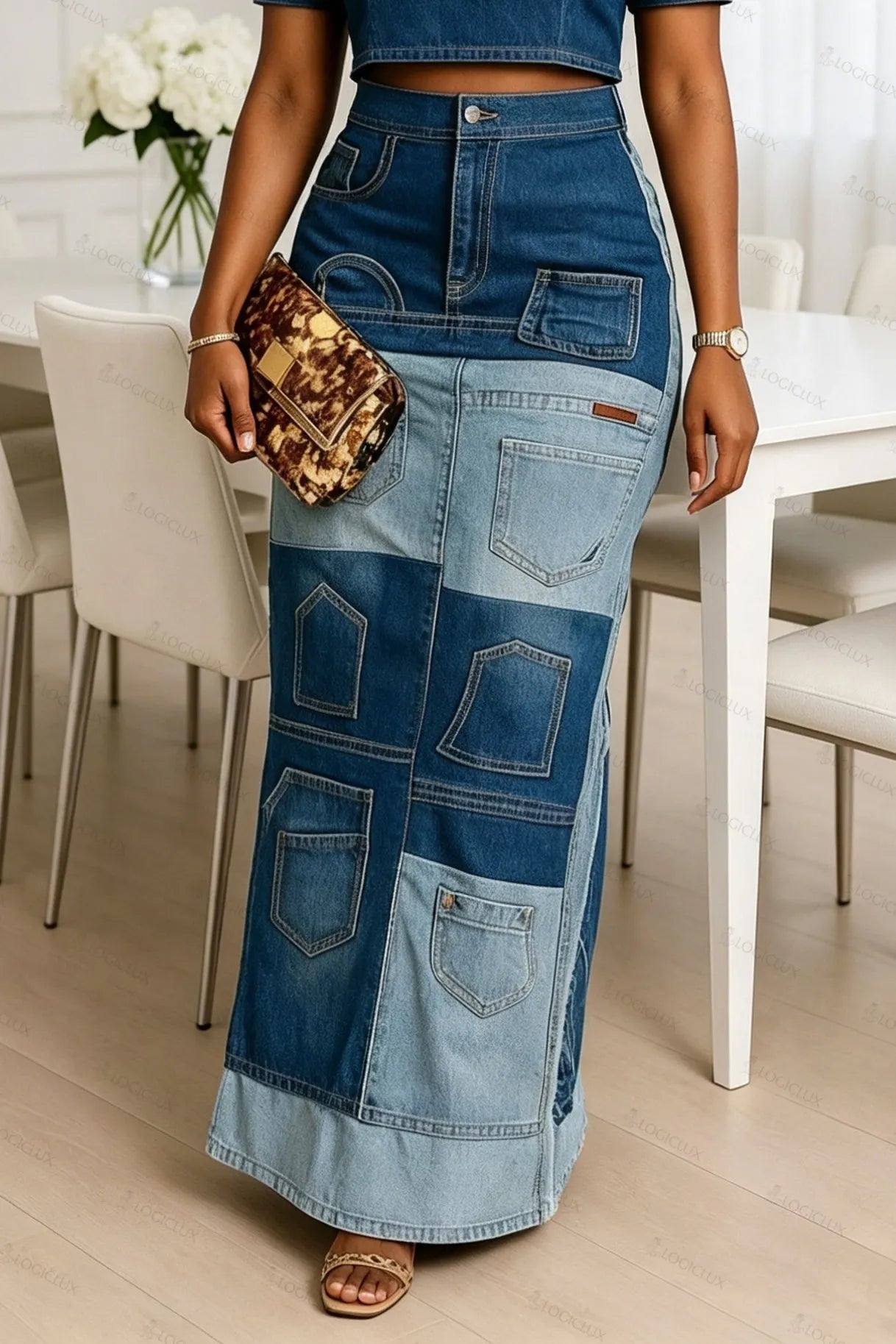 Women's Fashion Denim Top & Patchwork Design Skirt