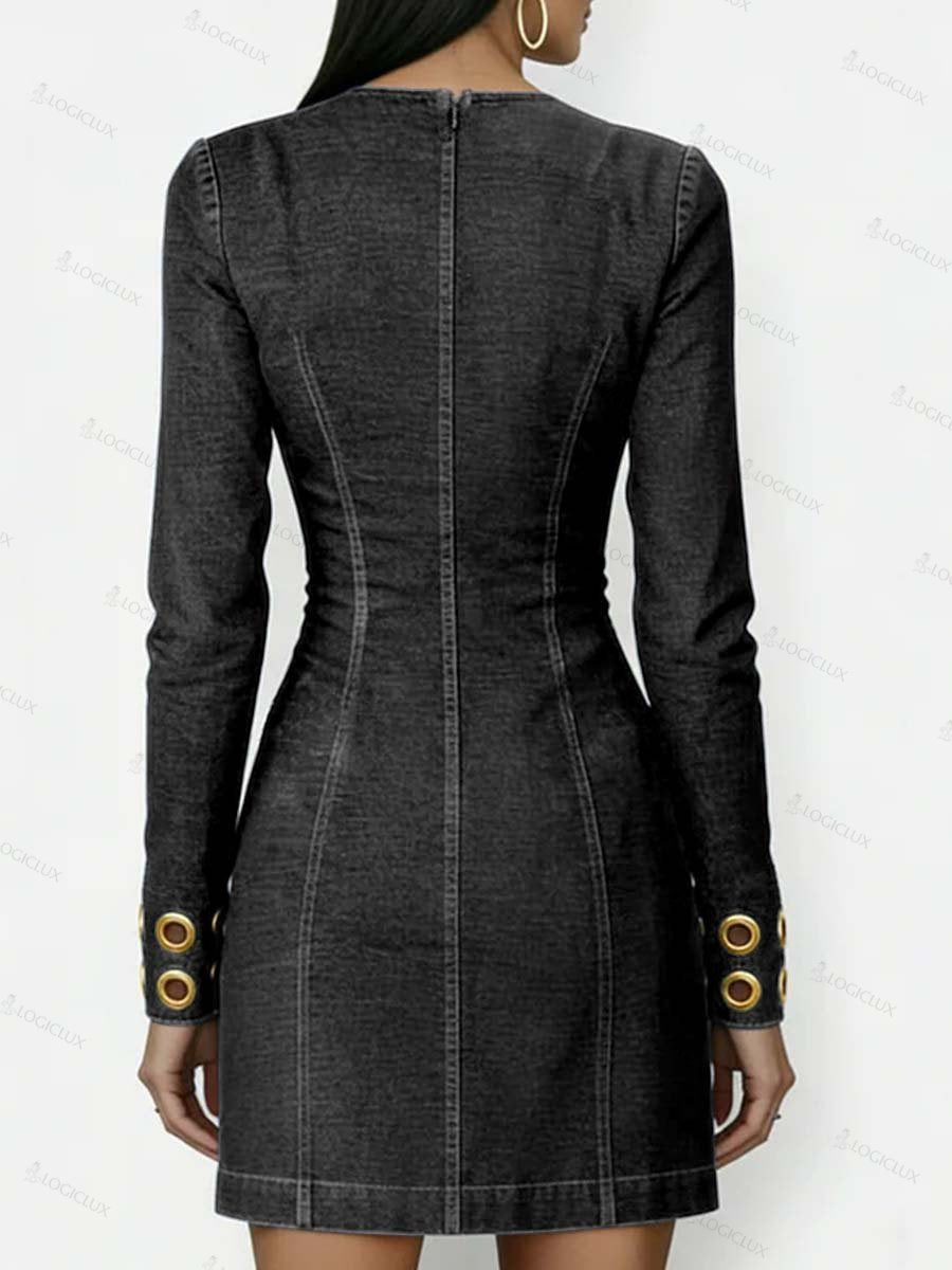 Women's Round Neck Long Sleeve Casual Slim Fit Denim Dress