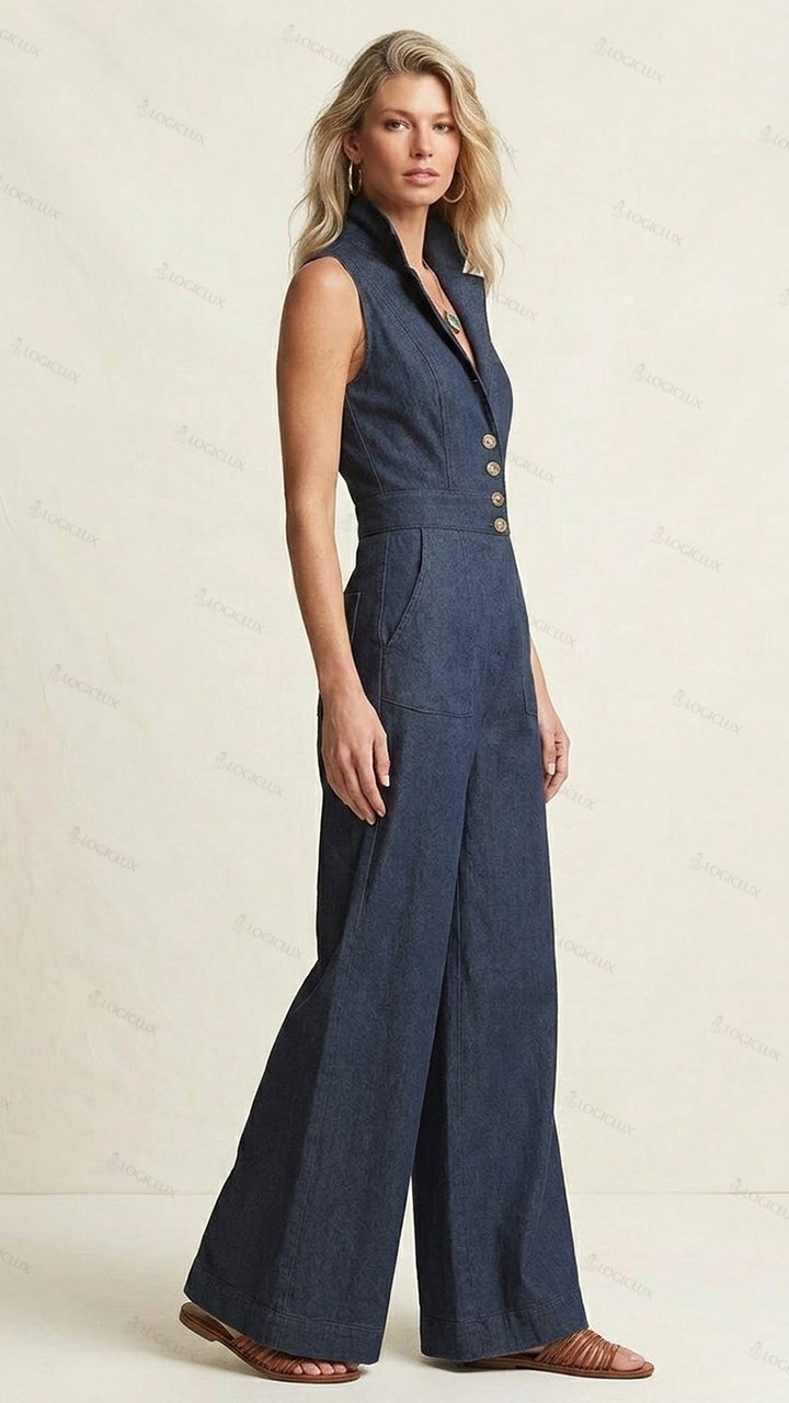 Womens Sleeveless Notched Collar Single-breasted Denim Wide Leg Jumpsuit