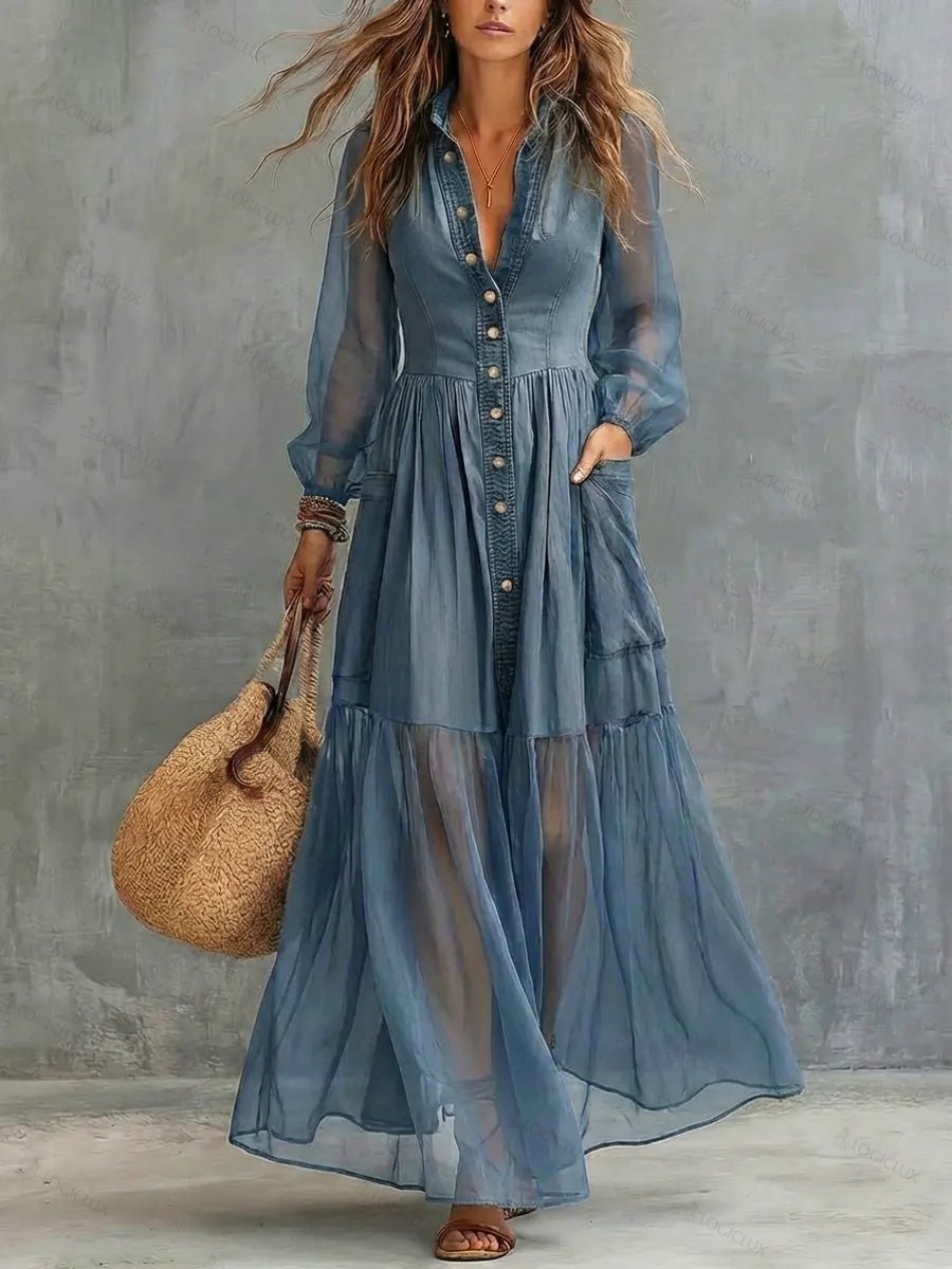 Women's Retro Lapel Denim Organza Patchwork Art Casual Maxi Dress