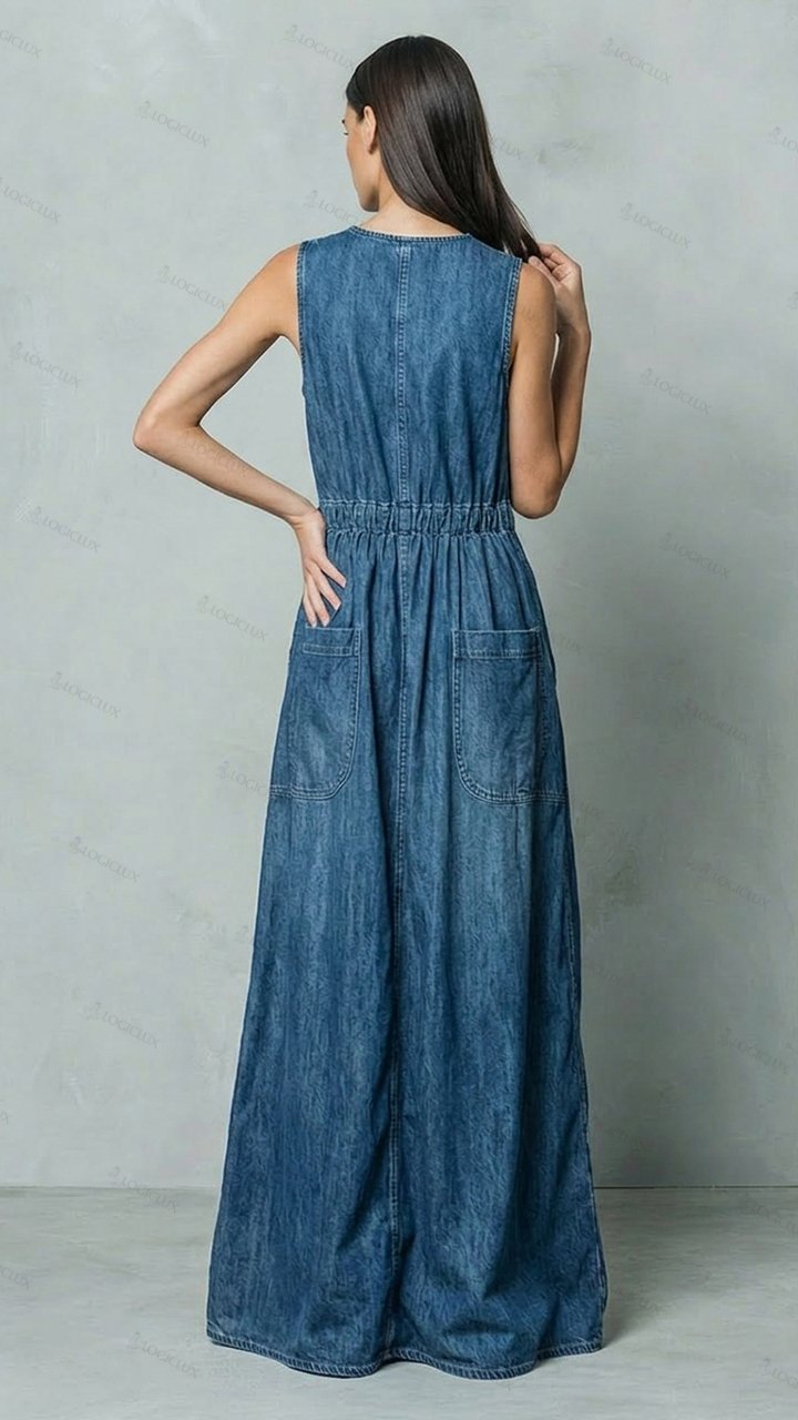 Women's Sleeveless Cinched-waist Denim Maxi Dress with Pockets