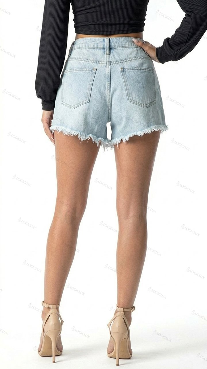 Womens High Waist Frayed Ripped Denim Shorts