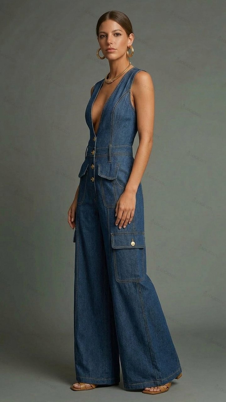 Womens Sleeveless Deep V-neck Single-breasted Multi-pocket Wide Leg Denim Jumpsuit