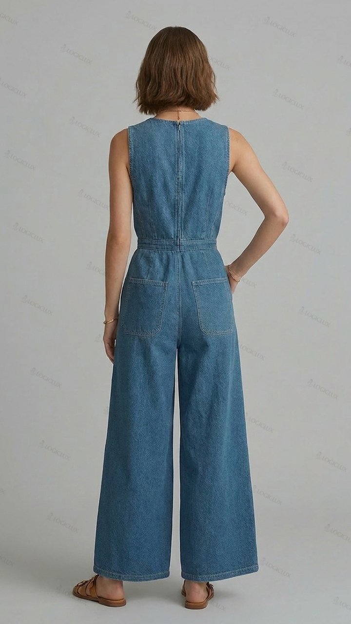 Womens Sleeveless Deep V-neck Fitted Denim Wide Leg Jumpsuit