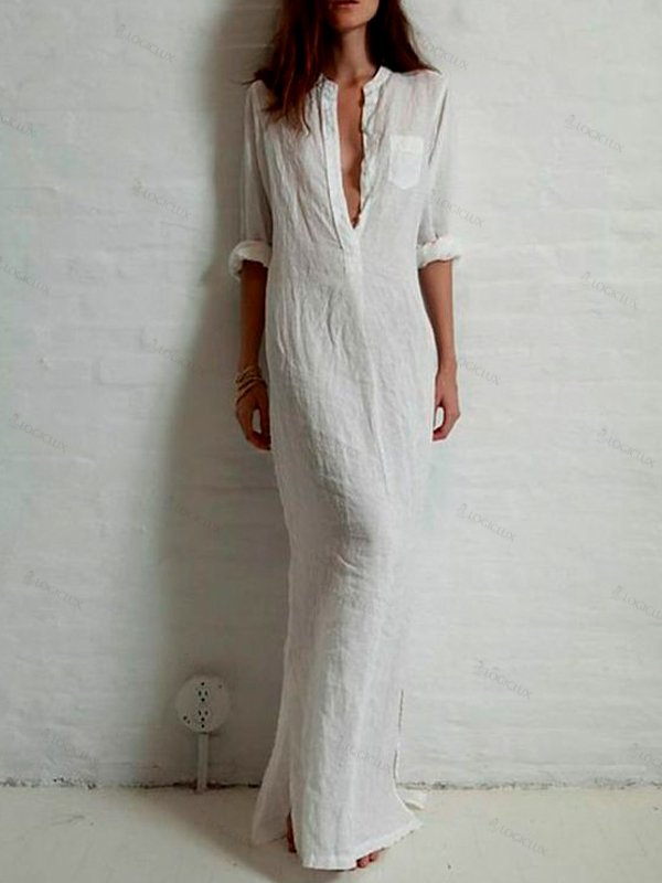 Linen Blend Breathable Side Split Maxi Shirt Dress