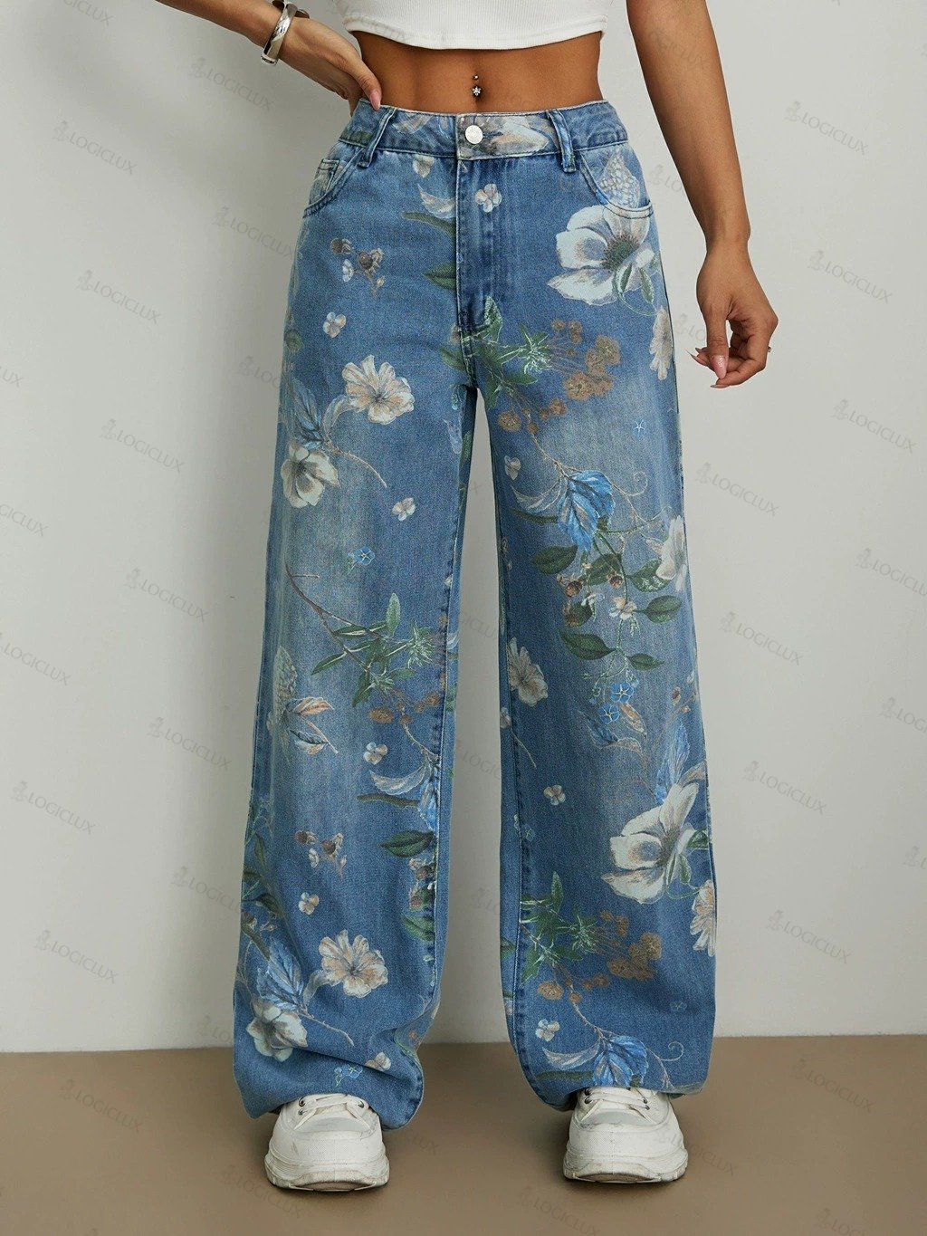 Women's Floral Print Casual Straight-leg Wide-leg Jeans