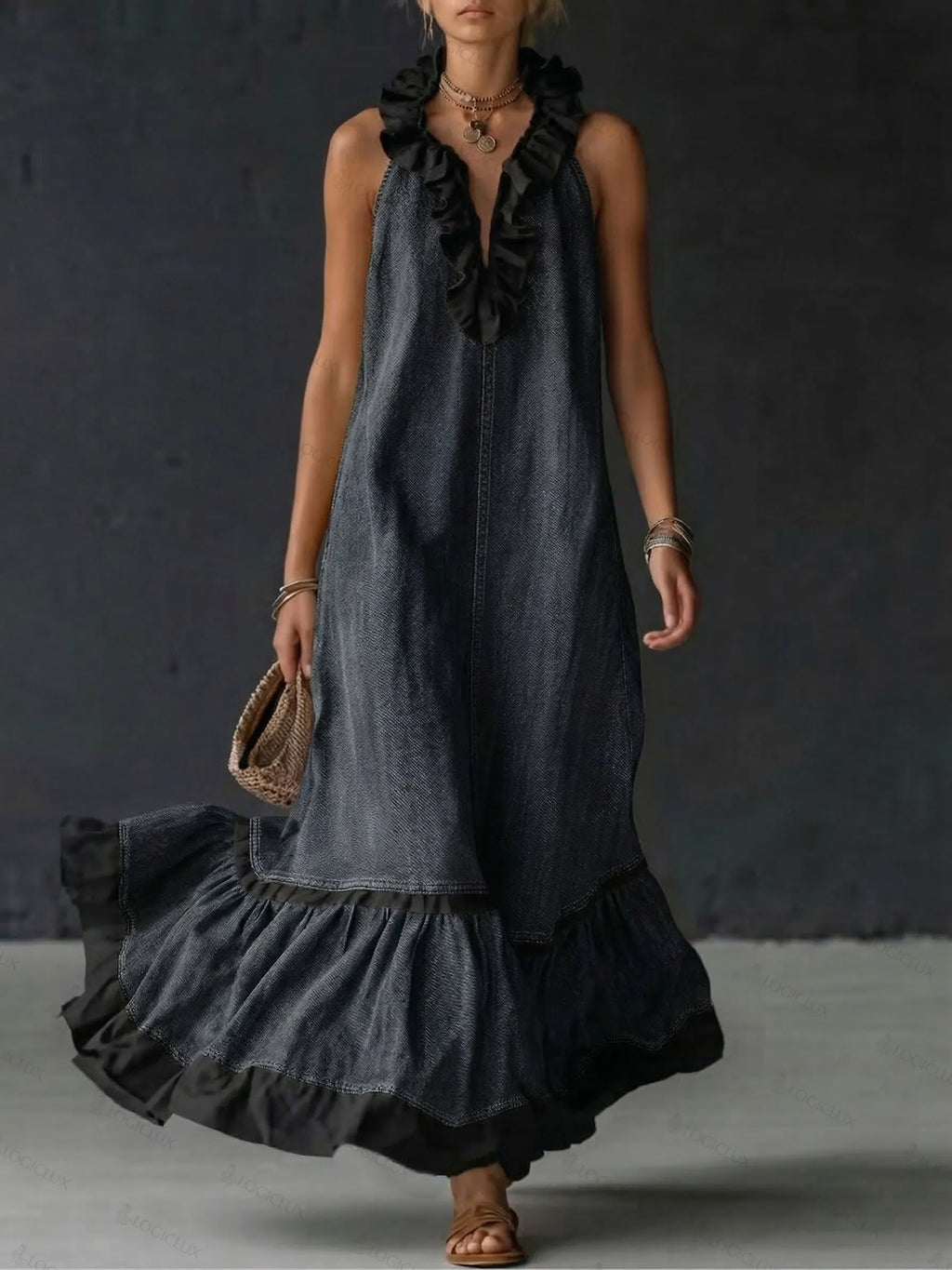 Elegant Color-block Ruffle Trim Denim Dress