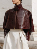 Minimalist Cape Collar Glossy Crocodile Eco-leather Jacket